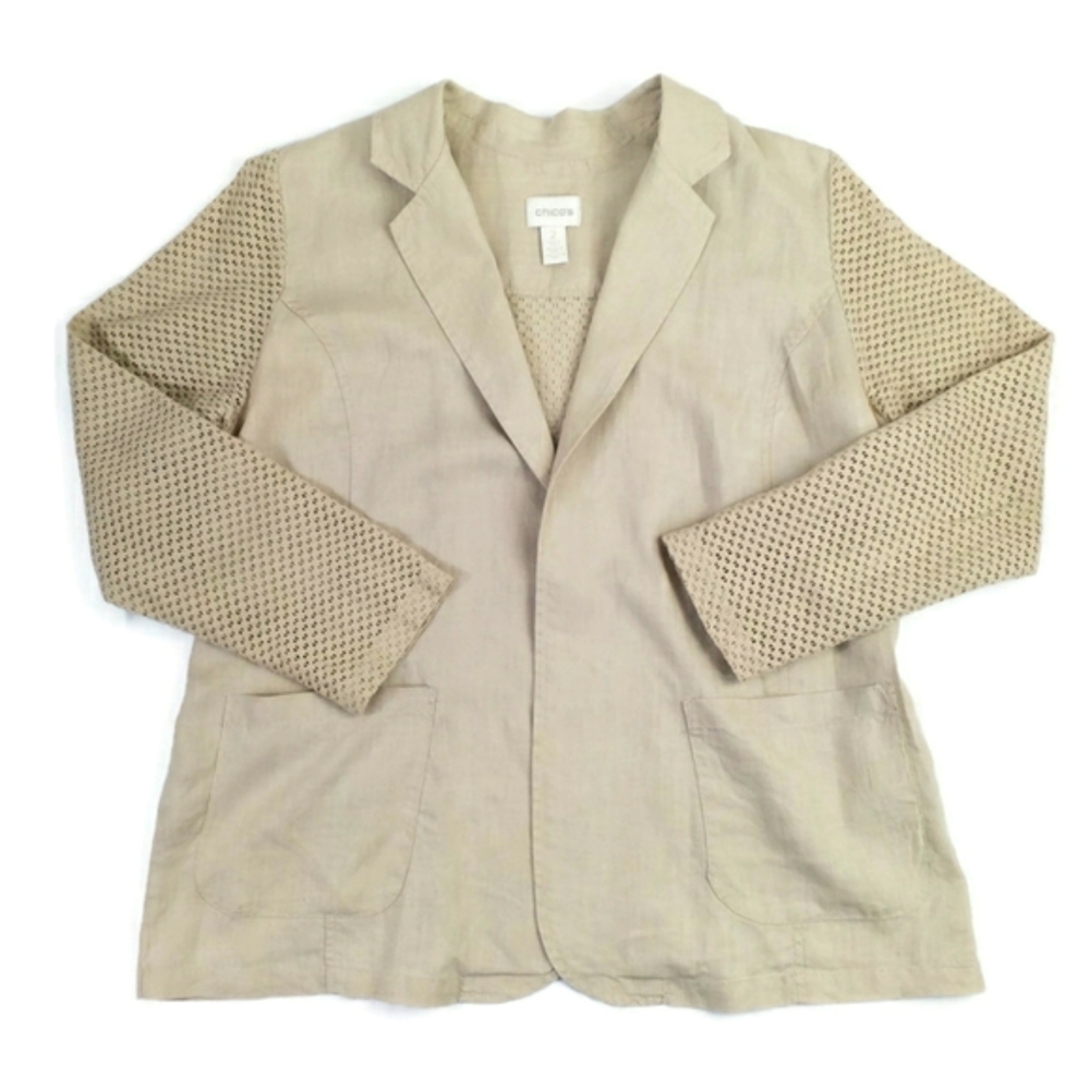 Chico's Tan Linen Open Front Long Perforated Sleeve Blazer Jacket Womens 2, US L - Picture 12 of 15